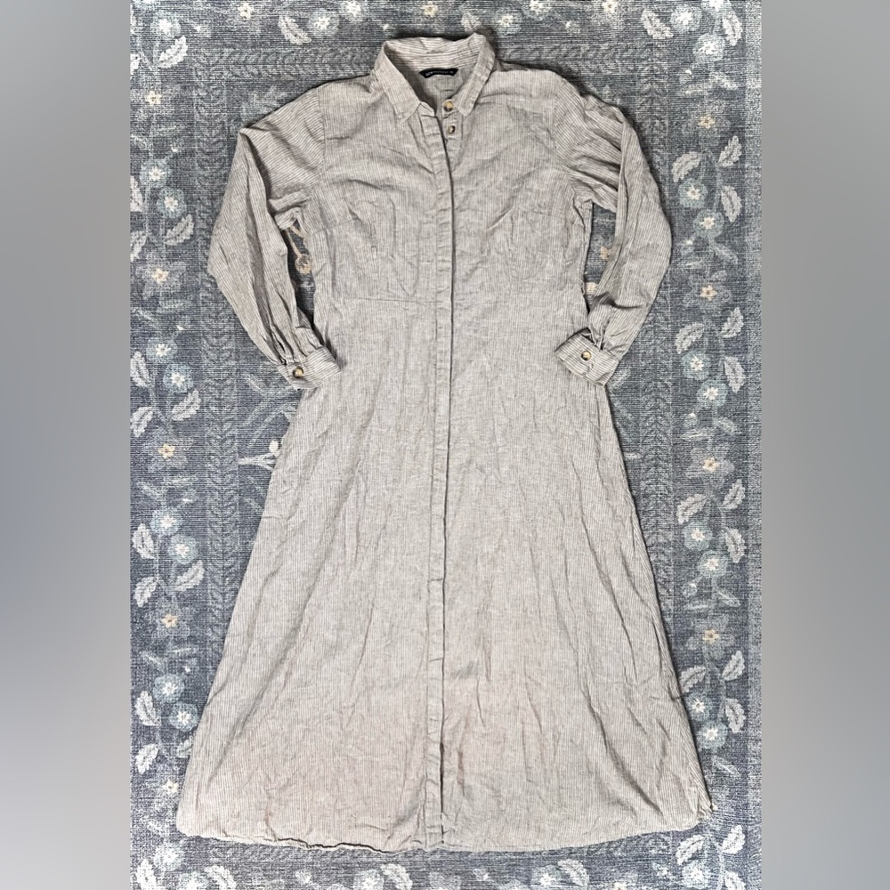 White Tan Striped Long Sleeve Buttoned Shirt Maxi Dress
